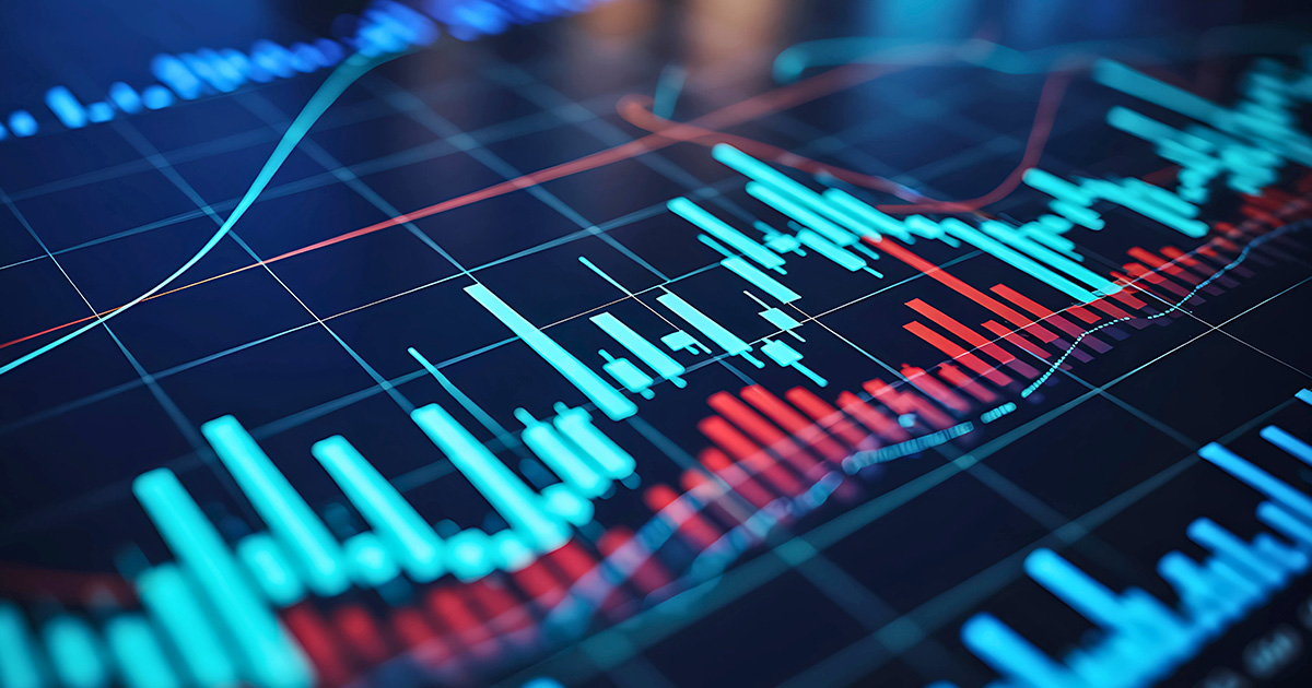 Digitaler Bildschirm mit leuchtenden Finanzbörsencharts und Datenanalysen. Hintergrund mit Konzepten zu Unternehmensinvestitionen und Handel.