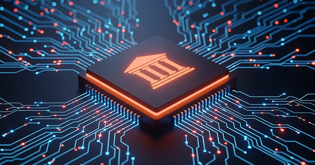 Digitalbank-Symbol auf einer leuchtenden Leiterplatte, das für Fintech und Innovationen im Bereich der Finanztechnologie steht