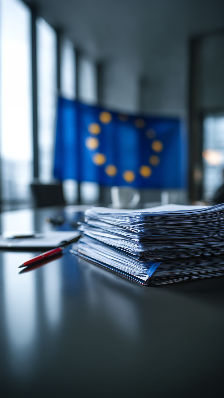Dokumente mit einem roten Stift und im Hintergrund eine EU Flagge